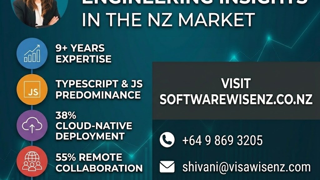 An advertisement poster for SoftwareWise NZ, highlighting their expertise in global software engineering, with a focus on TypeScript, JS, cloud-native deployment, and remote collaboration.